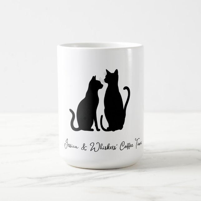 Chic Cat Silhouette Custom Name Black & White Magic Mug (Center)
