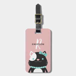 Chic Cat with Pearl Necklace   Monogram Luggage Tag