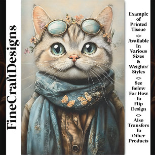 Chic Cat With Specs, Scarf, Flowers AZ7 Decoupage Tissue Paper