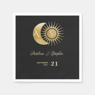 Chic Celestial Black Gold Sun Moon Monogram Crest  Napkin