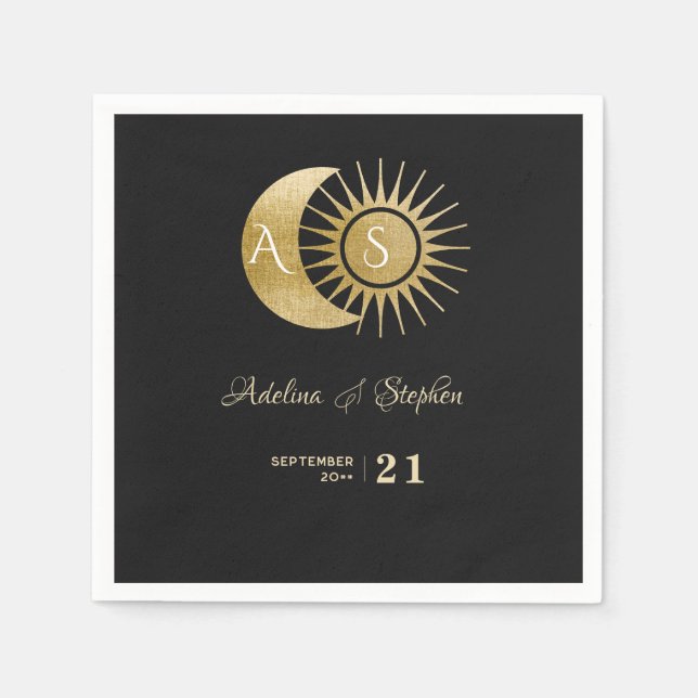 Chic Celestial Black Gold Sun Moon Monogram Crest  Napkin (Front)
