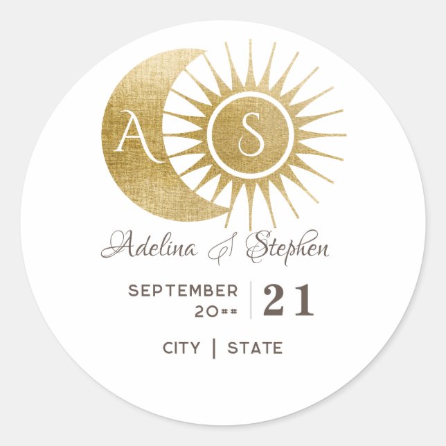 Chic Celestial White Gold Sun Moon Monogram Crest  Classic Round Sticker (Front)