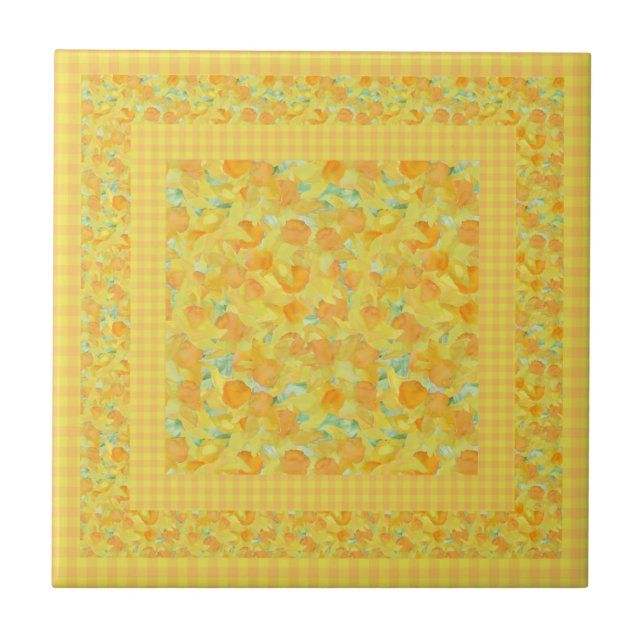 Chic Ceramic Tile, Golden Daffodils, Polka Dots Tile (Front)