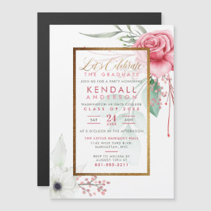 Chic Cerise Painted Flowers Botanical Graduation Magnetic Invitation