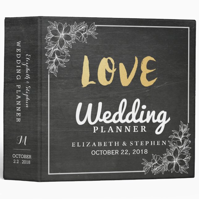 Chic Chalkboard White Floral Frame Wedding Planner Binder (Front/Spine)