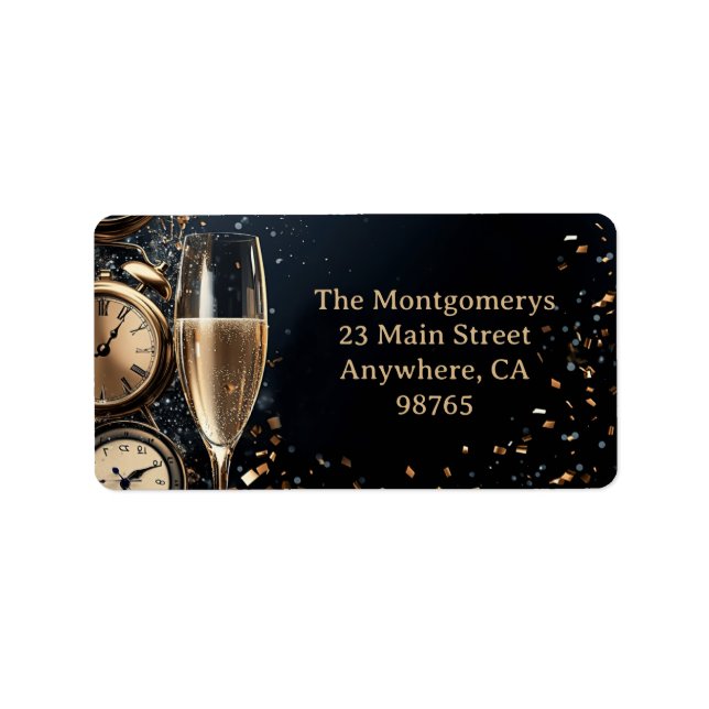 Chic Champagne and Clocks New Year Return Address Label (Front)