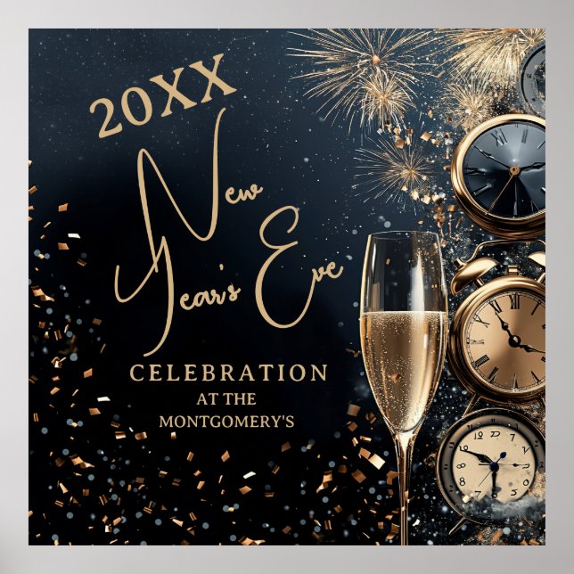 Chic Champagne and Clocks New Year's Eve Party Poster (Front)