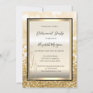 Chic Champagne Glass Gold Bokeh Retirement Invitation