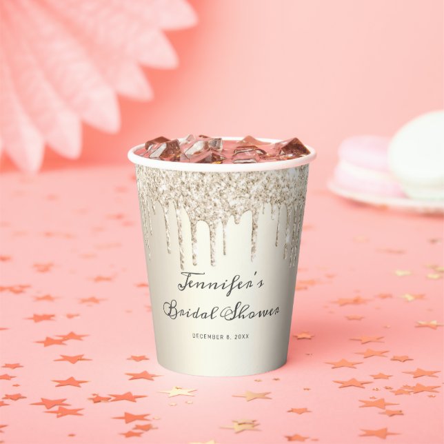 Chic Champagne Glitter Drips Script Bridal Shower Paper Cups (Insitu)