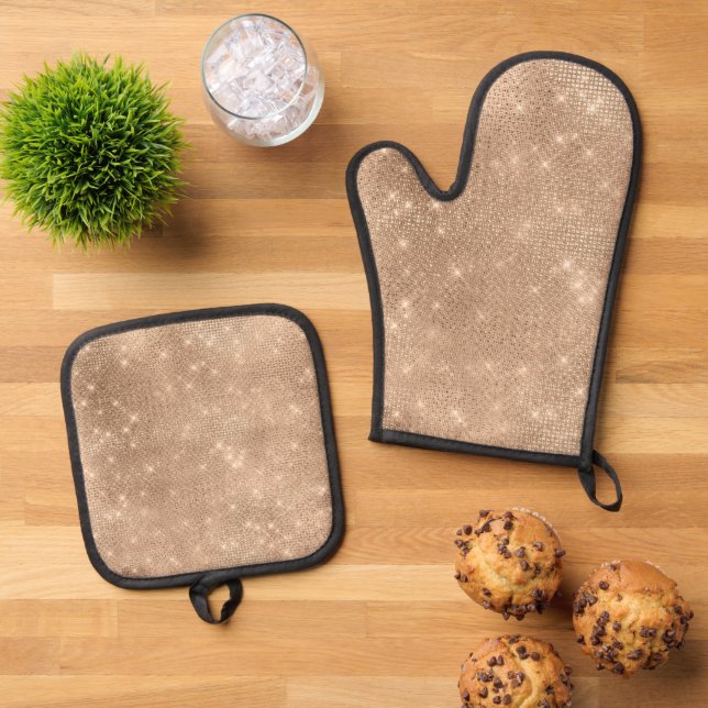 Chic Champagne Gold Sparkle Glitz  Oven Mitt & Pot Holder Set (Top Down)