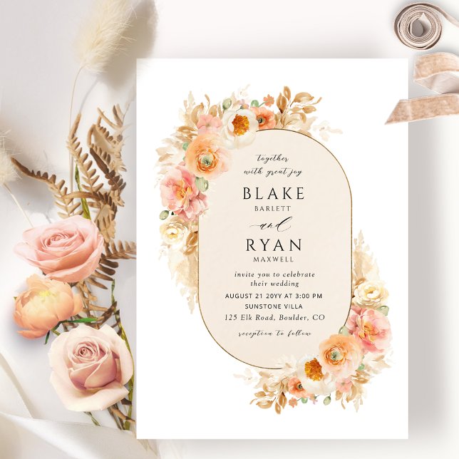 Chic Champagne, Peach Blush and Cream Oval Wedding Invitation (Creator Uploaded)