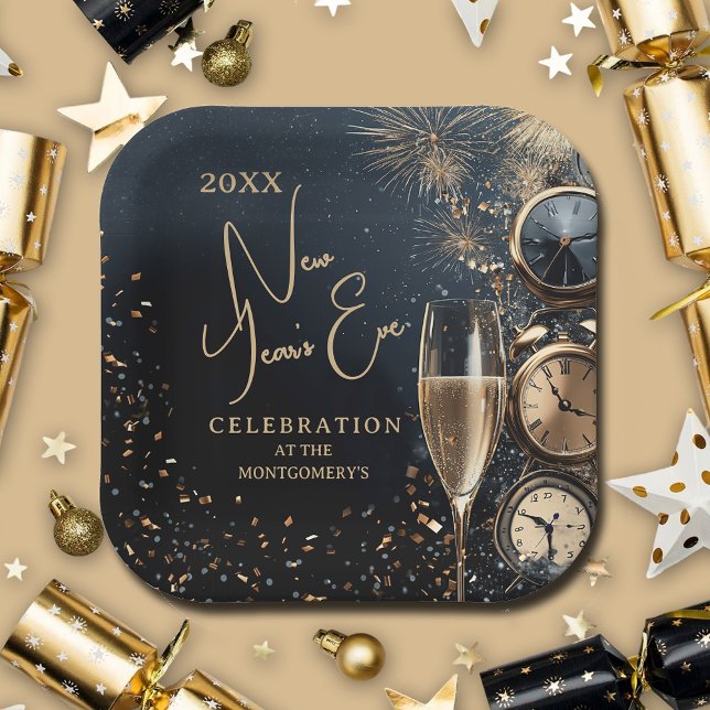 Chic Champagne Time New Year's Eve Paper Plate (Chic Champagne and Clocks New Year's Eve square paper plates, 7" or 9")