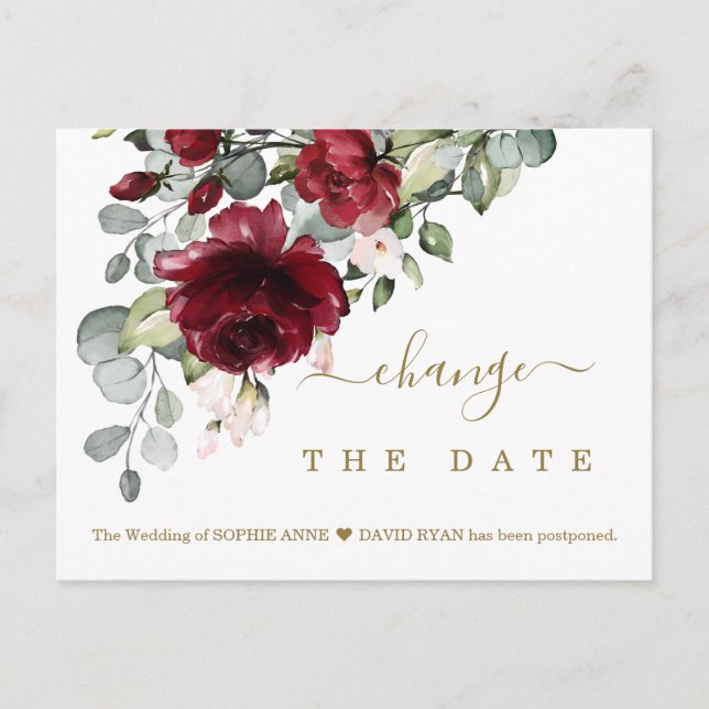 Chic Change Our Date Burgundy Flowers Wedding Postcard (Front)