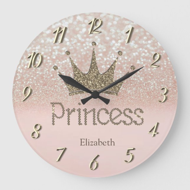 Chic Charming Tiara, Princess, Glittery Bokeh Large Clock (Front)