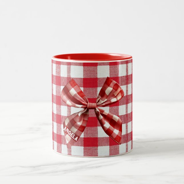 Chic Check Bow Red and White Gingham Two-Tone Coffee Mug (Center)