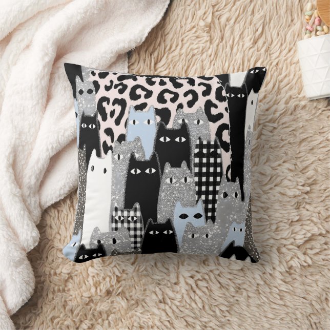 Chic Checkered & Gingham Cat Pattern Patchwork Des Throw Pillow (Blanket)