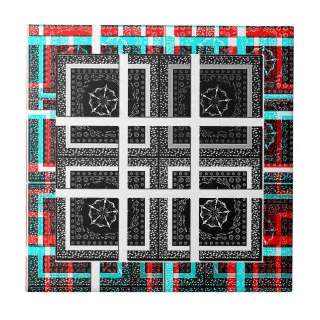 Chic Chequered Black, White & Red Graphics Design Tile (Front)