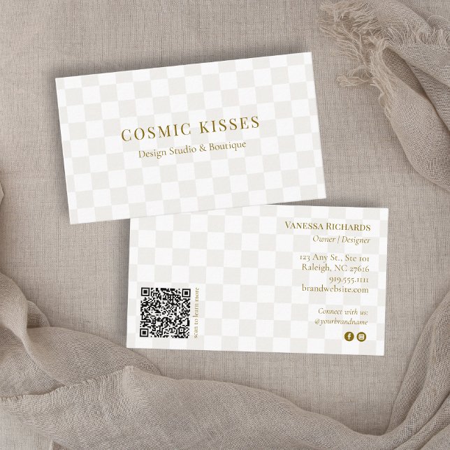 Chic Chequered Tan QR Code Branding Modern Business Card (Creator Uploaded)