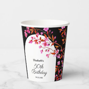 Chic Cherry Blossom Sakura Black White Birthday Paper Cups