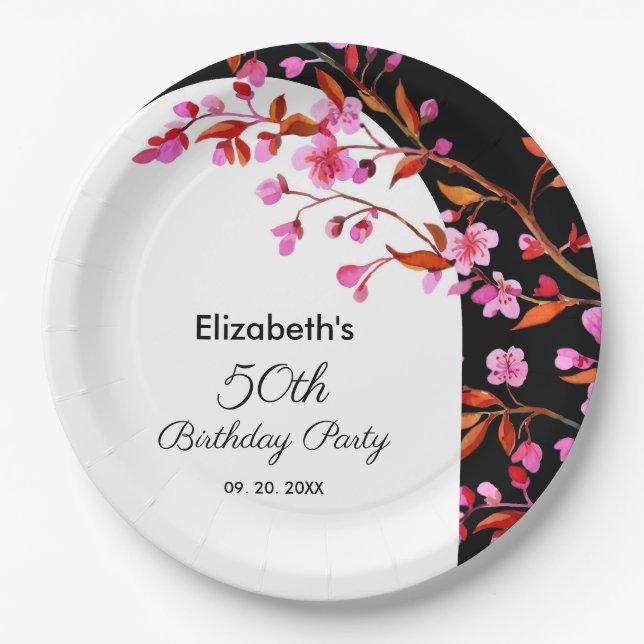 Chic Cherry Blossom Sakura Black White Birthday  Paper Plate (Front)