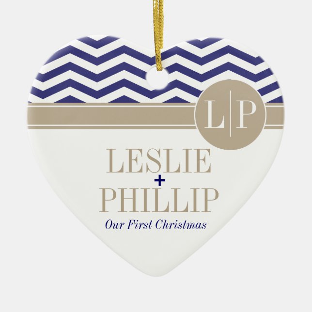 Chic Chevron Monogram | navy Ceramic Ornament (Front)