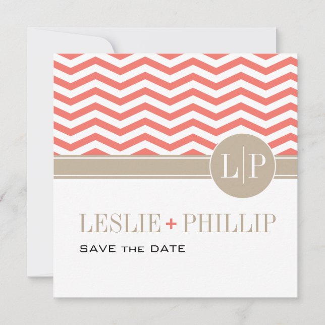 Chic Chevron Monogram Save the Date | coral (Front)