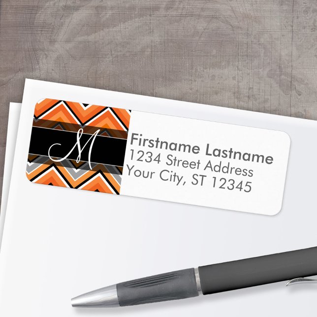 Chic Chevron Motif noir gris orange monogramme (Custom Return Address Labels - Low Minimum)