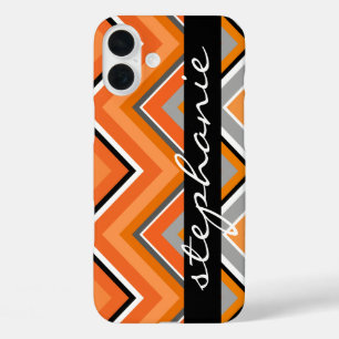 Chic Chevron Pattern Black Grey Orange script Name iPhone 16 Plus Case