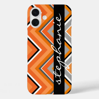 Chic Chevron Pattern Black Grey Orange script Name iPhone 16 Plus Case