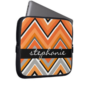 Chic Chevron Pattern Black Grey Orange with Name Laptop Sleeve