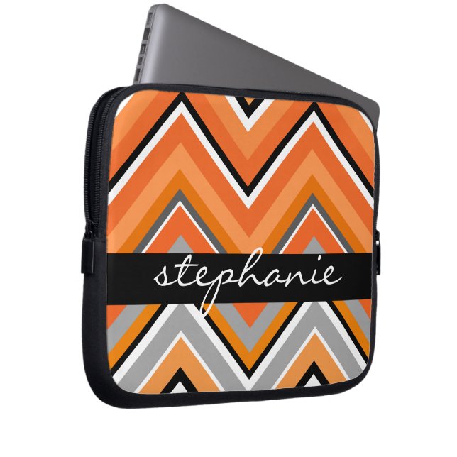 Chic Chevron Pattern Black Grey Orange with Name Laptop Sleeve (Front Right)