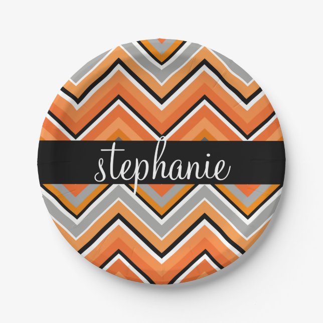 Chic Chevron Pattern Black Grey Orange with Name Paper Plate (Front)