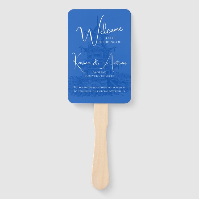 Chic Chinoiserie Pagoda Blue Wedding Program Fan (Front)