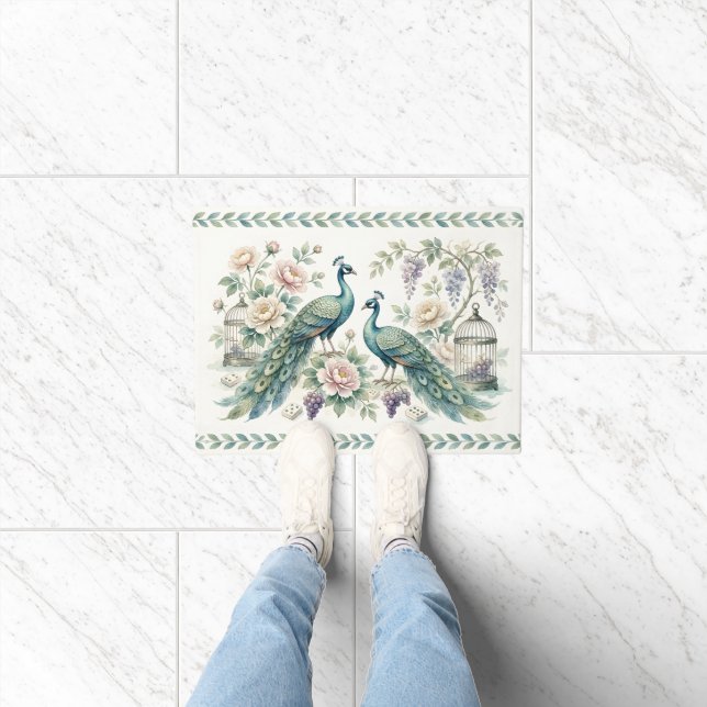 Chic Chinoiserie Peacock Mahjong Doormat (Indoor)