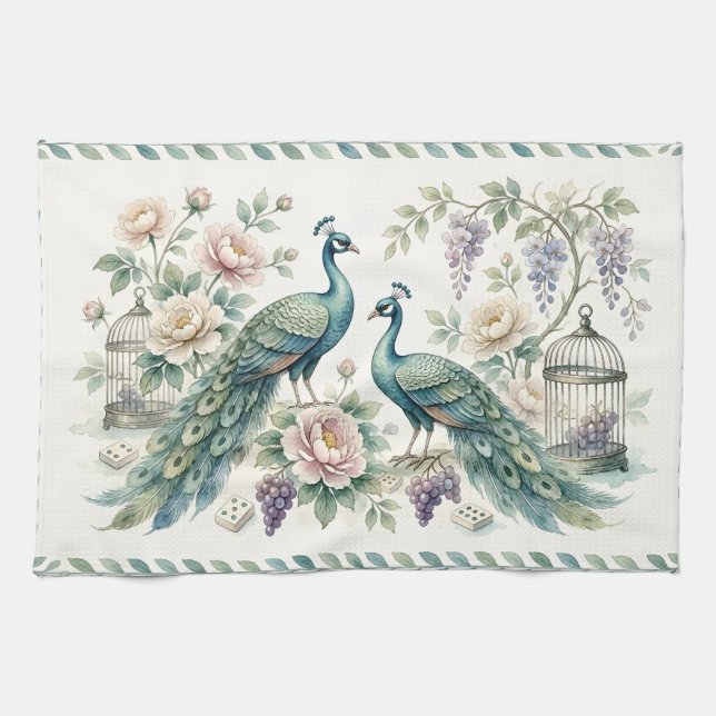 Chic Chinoiserie Peacock Mahjong Kitchen Towel (Horizontal)