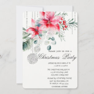 Chic Christmas Balls,Poinsettia Christmas Party Invitation