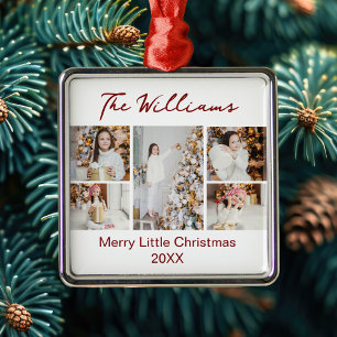 Chic Christmas Family Photo Collage 2025 Red Text Metal Ornament