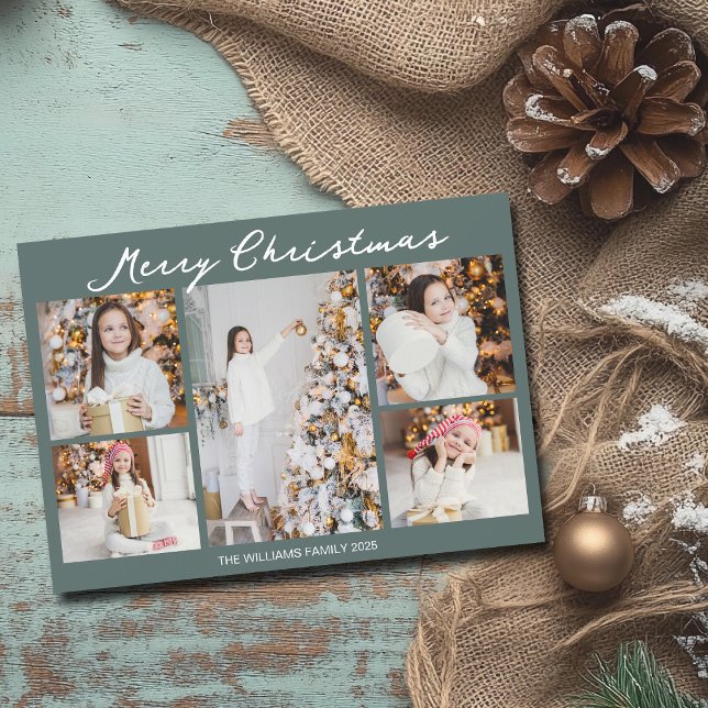 Chic Christmas Family Photo Collage Grey Green Holiday Card (Creator Uploaded)