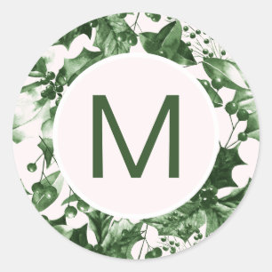 Chic Christmas Green Holly Print Monogram Classic Round Sticker