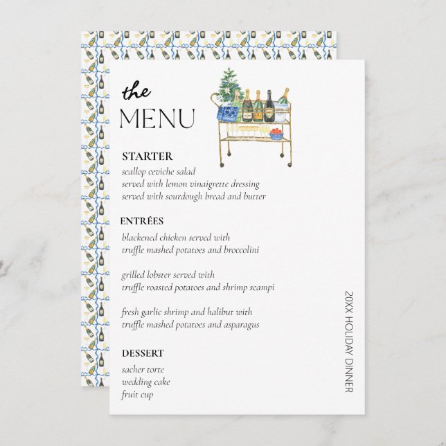 Chic Christmas Holiday Bar Cart Dinner Party Menu  (Front/Back)