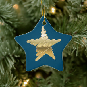 Chic Christmas metallic gold star blue Ceramic Ornament