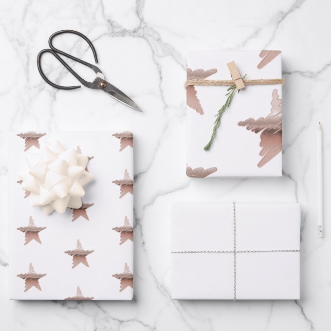 Chic Christmas metallic rose gold star white Wrapping Paper Sheet (Front)