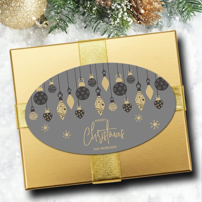 Chic Christmas Ornaments on Grey  Oval Sticker (Chic black and gold Christmas tree ornaments on grey square 4.25" x 2.7" oval stickers)