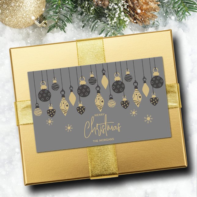 Chic Christmas Ornaments on Grey  Sticker (Chic black and gold Christmas tree ornaments on grey square 4.25" x 2.7" rectangle stickers)