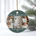 Chic Christmas Photo Collage Commemorative 2025 Ceramic Ornament<br><div class="desc">Chic grey green Christmas ornament gift with chic handwritten scrawl MERRY CHRISTMAS above your family photo collage of your 5 favourite 2025 pictures. The beautiful back features a pattern of white hand drawn pine and fire trees. Modern elegant holiday present featuring one vertical photograph in the centre and 4 square...</div>