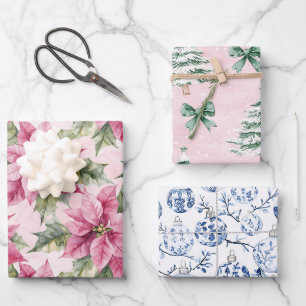 Chic Christmas Pink Poinsettia Floral Wrapping Paper Sheet