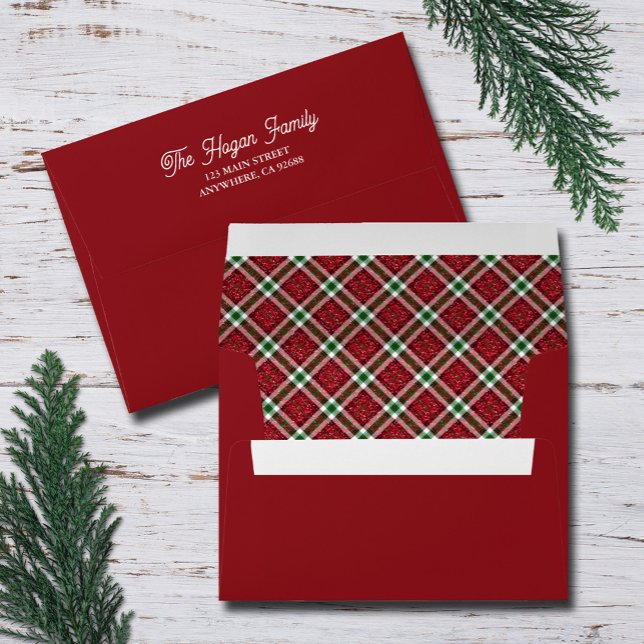 Chic Christmas Plaid Lined Red Envelope (Chic red Christmas envelopes with printed red, green and white plaid lining inside)