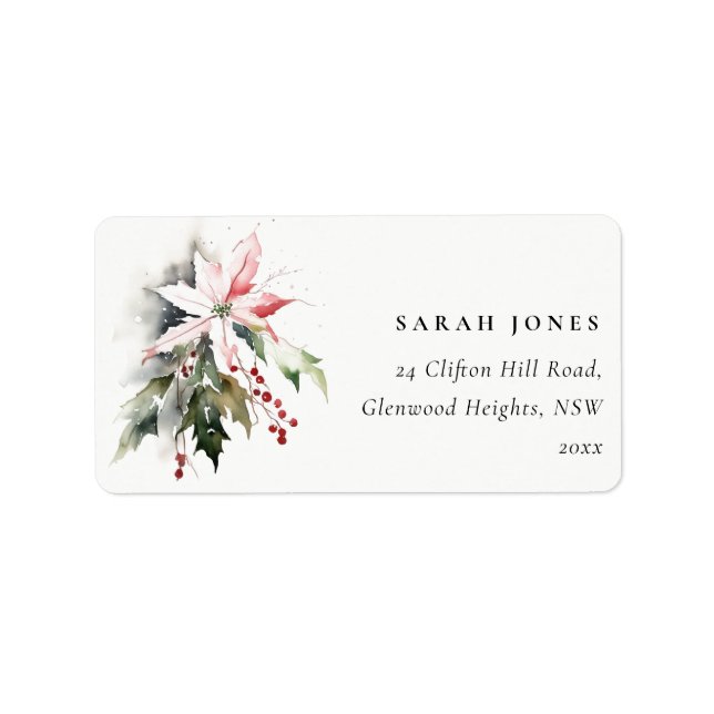 Chic Christmas Poinsettia Berries Foliage Address Label (Front)