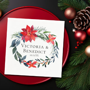Chic Christmas Poinsettia Floral Wreath Wedding Napkin