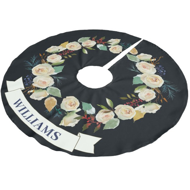 Chic Christmas Rose Wreath Pattern Brushed Polyester Tree Skirt (Angled)